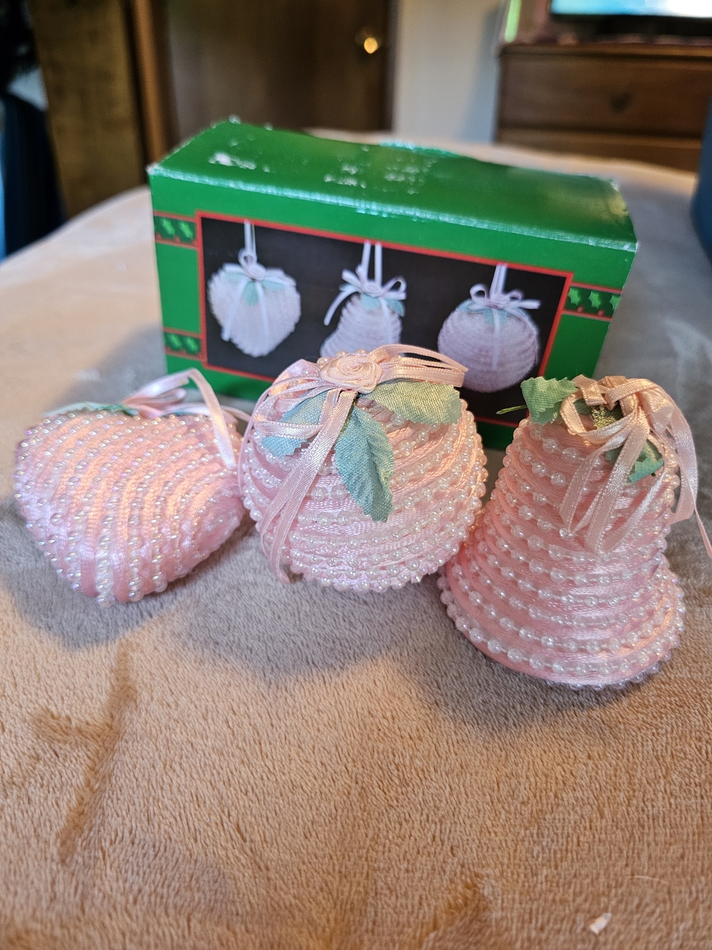 Pink Beaded Holiday Ornament Set‎ - 3 Decorative Ornaments